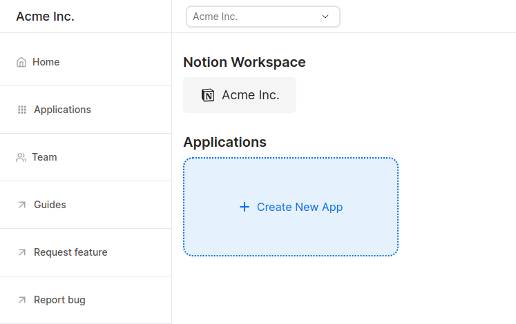 Stackoia dashboard showing Create New Application button